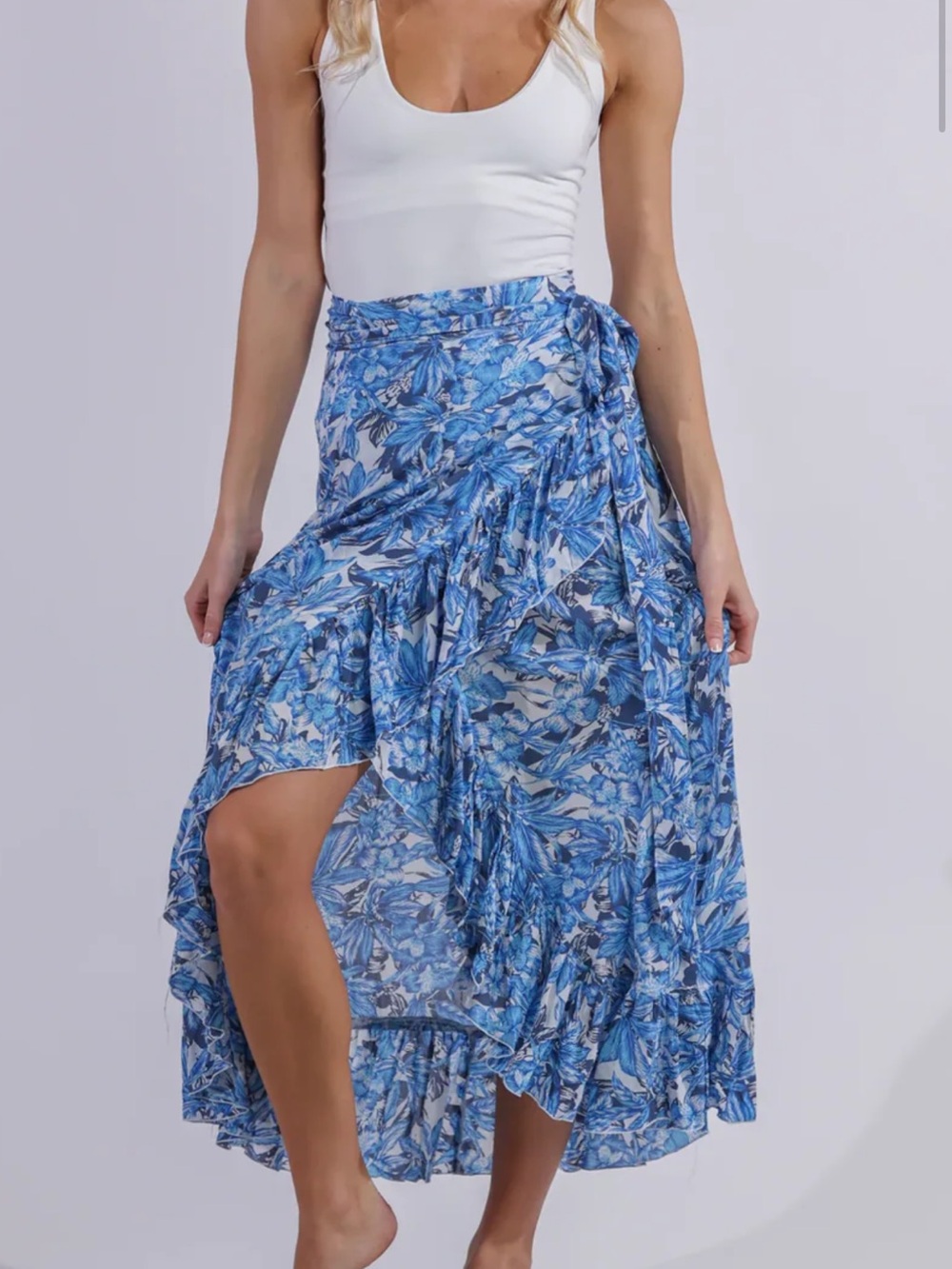 Sea Lustre Blue Floral Wrap Maxi Skirt with Ruffle Hem m/l fits 6-10